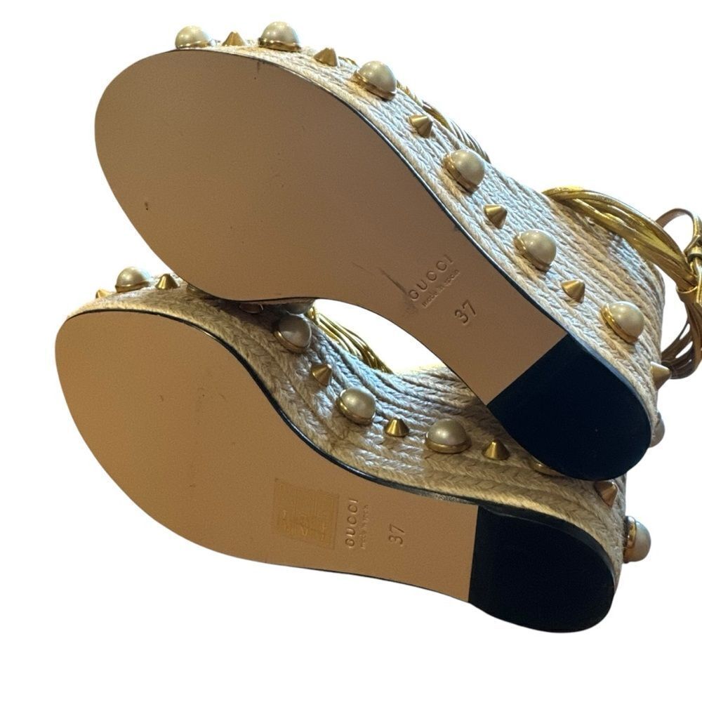 Gucci Barbette Knotted Leather Gold Metallic Pearl Platform Wedge Sandals - Picture 10 of 15